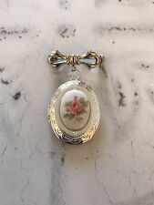 Pink Rose Limoges Oval Silver Plated Locket Brooch