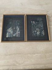 Pair Vintage Indo Persian Gouach Paintings On Silk Mughal Style Mid Century
