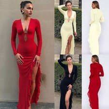 UK Ladies Ruffle Split Dress V Neck Stretchy Sexy Long Sleeve Party Maxi Dresses