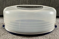 Tupperware Round Cake Pie Carrier With Handle Blue Base Lockable Transparent Lid