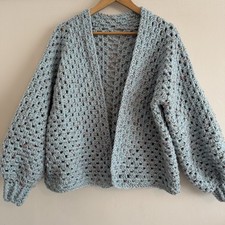 Handmade Blue Tweed Size 14-16 Oversized Chunky Wool blend Crochet Cardigan