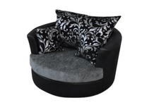 Large Swivel Round Cuddle Chair Chenille Fabric Grey Black Snuggle Love Sofa