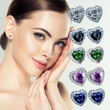 Cute Elegant Love Heart Birthstone CZ Crystal Stud Earrings 925 Sterling Silver