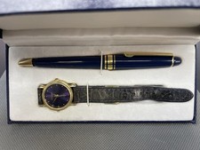 Old England Watch and Pen Gift Set with Dark Blue Dial and Genuine Leather Band