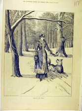 Original Old Antique Print 1883 Thorugh-The-Wood Lady Dog Snow Hallward Fine Art