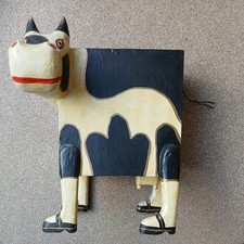 VINTAGE 1980S WOODEN COW STANDING LARGE MONEY BOX