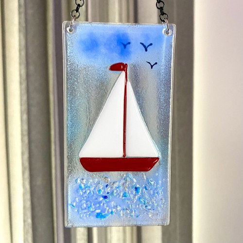 Fused glass red sailing - glass, yacht