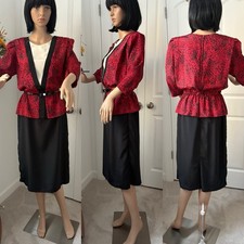 Vintage 80s Breli Originals Dress Red Leopard Secretary Puff Sleeve SM