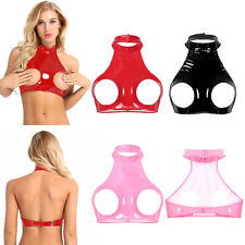 UK Womens Leather Halter Crop Top Open Bust Bra PVC Cupless Lingeries Clubwear