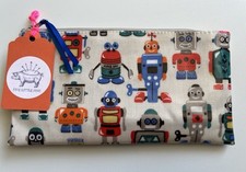Cath Kidston Robots Pencil Case Oilcloth Zip With Blue Ribbon Pull Handmade Rare