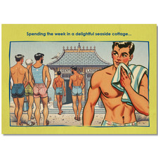 Funny gay postcard inspired by vintage British saucy seaside humour: Cottage