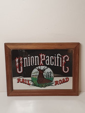 Vintage UNION PACIFIC RAILROAD Buck Deer Mirror Sign Wood Frame Trains Pub Bar