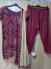 Dark red & cream Bandhani Indian Salwar kameez UK Size 22-24 Christmas party 