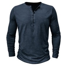 Distressed Men's Henley Shirt Retro Long Sleeve T-shirt Button Wash V-neck Tops
