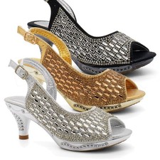 Girls Diamante Bridal Sandals Childrens Kids Wedding Party Low Kitten Heel Shoes