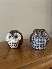 Two Beautiful Owl Figurines. Cloisonné And Ceramic Kutani. Good Luck