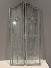 Pair of Antique? Leaded Glass Arched Top Windows 36.5" x 8.5" each panel Diamond