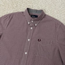 FRED PERRY Gingham Check Short Sleeve Shirt Red and White Large Mod Casual 60s