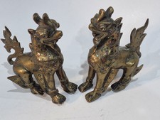 Antique pair of Brass Foo Dogs / Chinthe Temple Guardians Bejewelled
