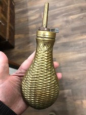 Antique Brass 19th Century Powder Flask. Basket Work Design. Genuine NOT a Repro