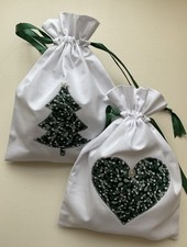 2 REUSABLE HANDMADE FABRIC APPLIQUÉD CHRISTMAS GIFT BAGS - MINI SANTA SACK