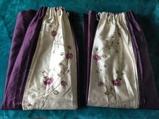 DUNELM FAUX SILK PENCIL PLEAT LINED CURTAINS AUBERGINE CREAM EMBROIDERED 66 X 54