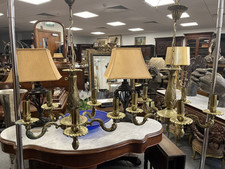 Excellent Pair of Antique French Solid Brass 5 Arm Chandeliers / Ceiling Lights