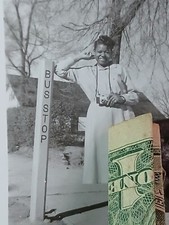 african american school*Rare Colored School Teacher Posing at Bus Stop