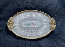 Vintage Petit Point Lace Filigree Glass & Brass Dressing Table Vanity Stand  