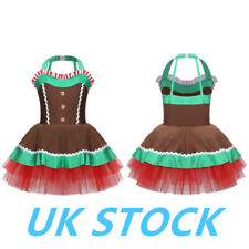 UK Kids Girls Christmas Gingerbread Man Dress Xmas Costume Leotard Tutu Dress