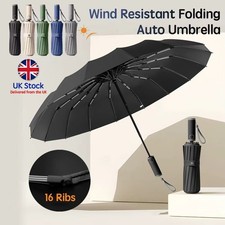 16 Ribs Automatic Open Umbrella Close Travel Windproof Compact Strong Folding UK