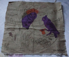 antique French embroidery on linen owls 'En Visite' unfinished
