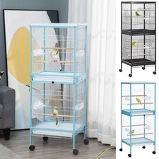 2 In 1 Large Bird Cage Aviary with Wheels, Slide-out Trays Wood Perches