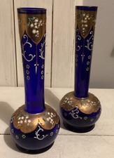 A pair of Antique Bristol blue glass bulb vases hand painted floral hand blown 