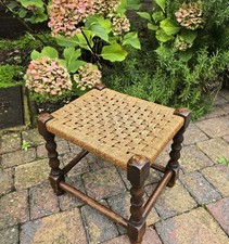 Vintage Wooden Stool Woven Brown String Natural Country Cottage rustic