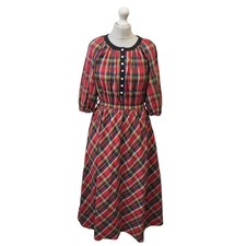 Vintage Betty Barclay Dress 90s Red Check Tartan Plaid 3/4 Sleeve Size 16