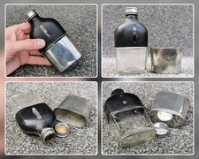 Antique Pocket Hip Flask 100ml Blown Glass Black Leather Screw Cap Removable Cup