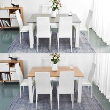 Mondeer Wooden Dining Table and 6 Chairs Set  w/ Faux Leather Seats Kitchen Room