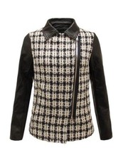 Ladies Women PU Faux Leather Sleeve Knitted Side Zipped Check Biker Jacket Coat