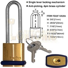 Federal 22F KA206 Brass Long Shackle Padlock Shed Gate Locker Suitcase Travel