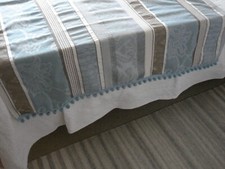 Handmade blue/beige striped damask armchair throw/bed runner pom pom trim small