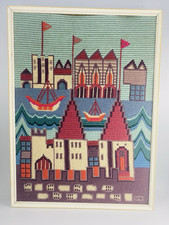 Vintage Needlepoint Wool Embroidery Ships Boats Harbour Scene Possibly Swedish