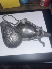 Antique French Pewter Powder Flask With Druid And Witch