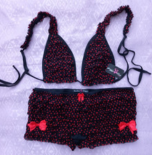 Starline Bra & shorts Frilly M/L 12/ 14 black red burlesque knickers halloween