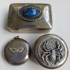 3 vintage Czech boxes tins pill patch. Spider enamel theatrical mask Chatelaine 