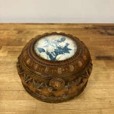 vintage Round Wooden Carved Box With Flowers