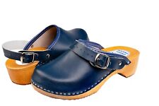 Women's Fashion Clogs Navy Blue Slip On Leather House Shoes Ladies Mules 3-8