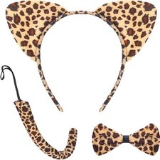 Animal Costume Set Headband Ear Bow Tie Tail Leopard Fancy Dress Halloween Party