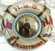 WW1 HMS ILLUSTRIOUS 1914 - 1915 SOUVENIR LIFEBOUY WITH PHOTO ROYAL MARINES
