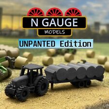 UNPAINTED- N Scale Gauge 1:148 Farm Tractor & Round Bale Trailer  (Farm Hay)